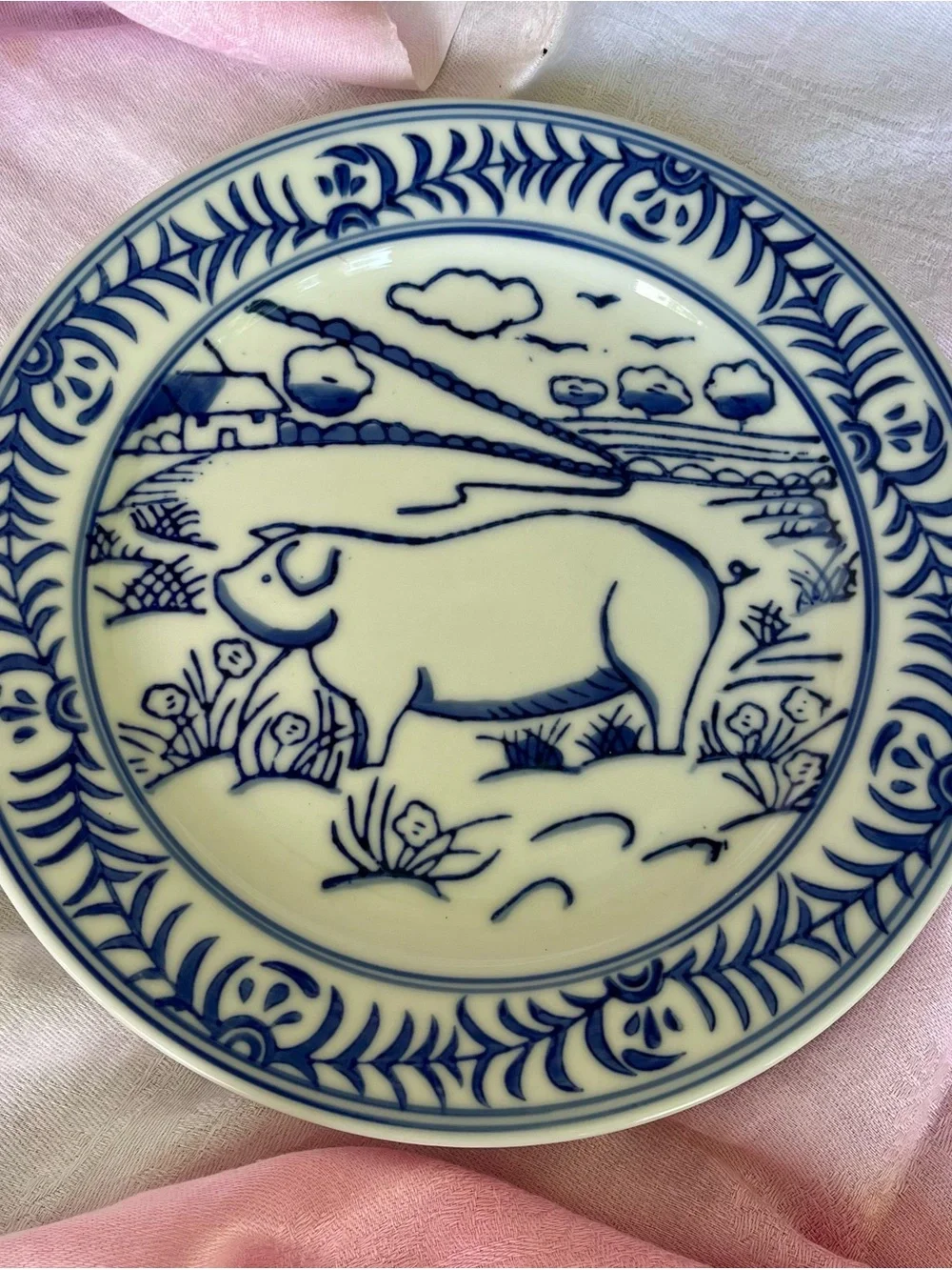 Williams Sonoma Blue and White Brittany Salad Plate Barnyard Pig